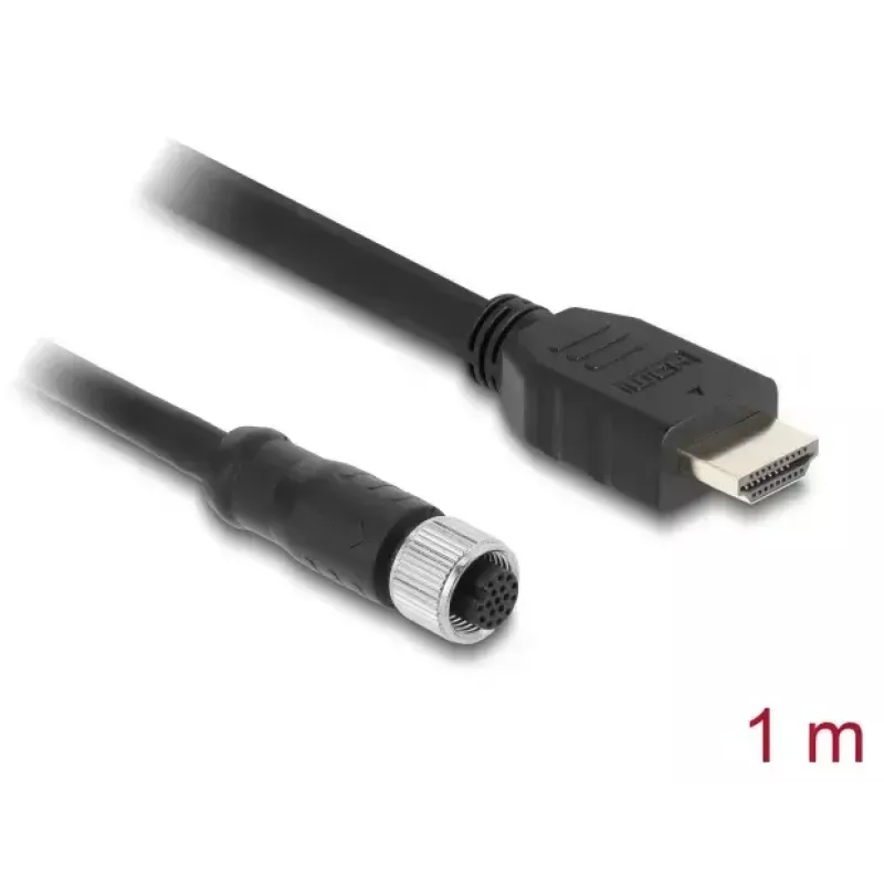 DELOCK M12 A-kódovaný 17-pólový (konektor samica) na HDMI (konektor samec) kábel — 1 m, čierny