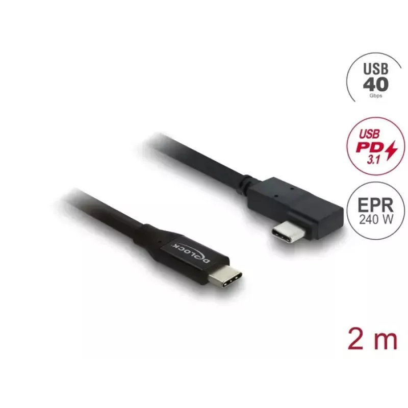 Kábel DELOCK koaxiálny USB4 Gen 3x2 40 Gbps USB-C na USB-C zahnutý vľavo/vpravo PD 3.1 240W 2 m