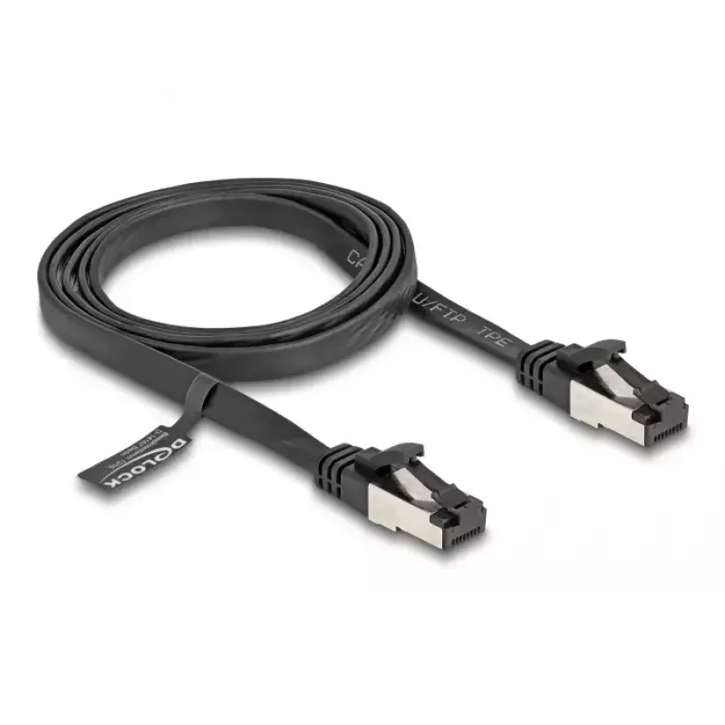 Sieťový kábel DeLOCK RJ45 plochý patch kábel konektor samec na konektor samec Cat.8.1 1 m čierny