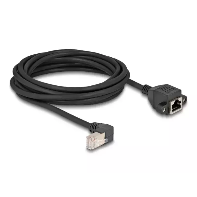 DeLOCK sieťový predlžovací kábel S/FTP RJ45 90° zahnutý na RJ45 Cat.6A 5 m čierny
