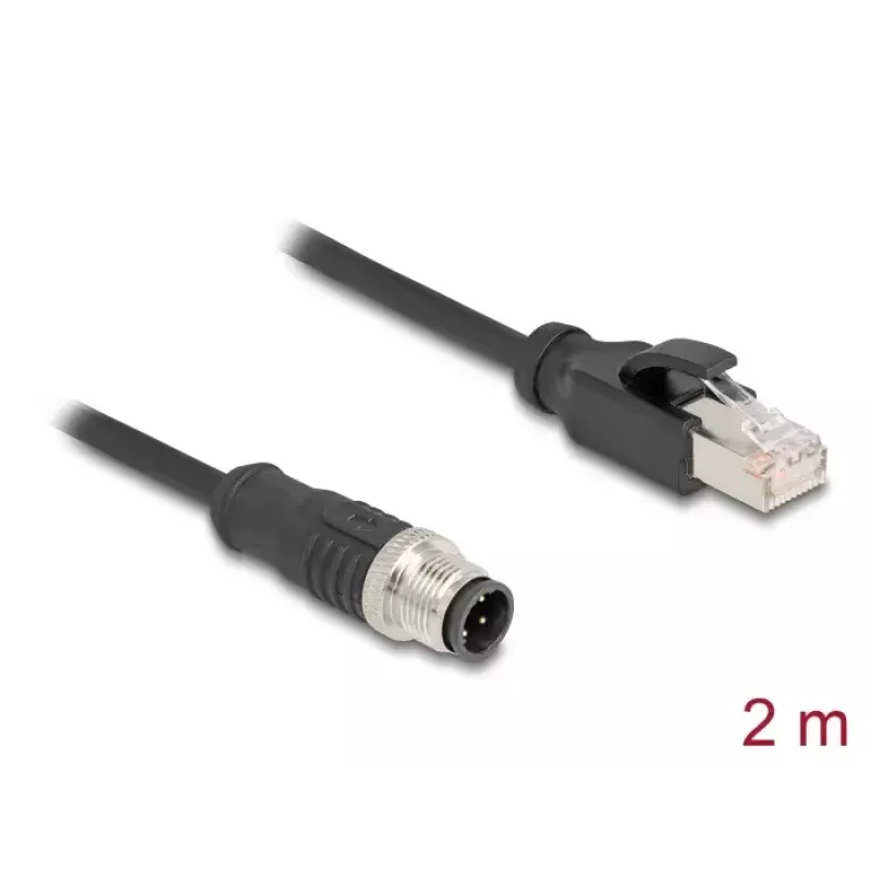 Sieťový kábel DeLOCK M12 kábel D-kódovaný 4-pin konektor samec na RJ45 konektor samec Cat5e 2 m čierny