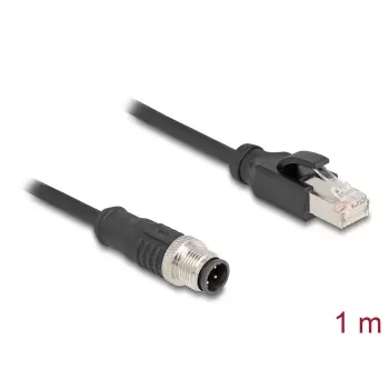 Sieťový kábel DeLOCK M12 kábel D-kódovaný 4-pin konektor samec na RJ45 konektor samec Cat5e 1 m čierny