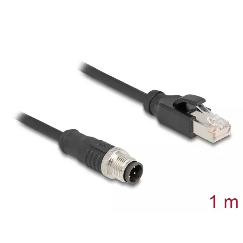 Sieťový kábel DeLOCK M12 kábel D-kódovaný 4-pin konektor samec na RJ45 konektor samec Cat5e 1 m čierny