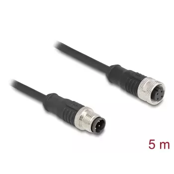 Sieťový kábel DeLOCK M12 kábel D-kódovaný 4-pin konektor samec na konektor samica Cat5e 5 m čierny