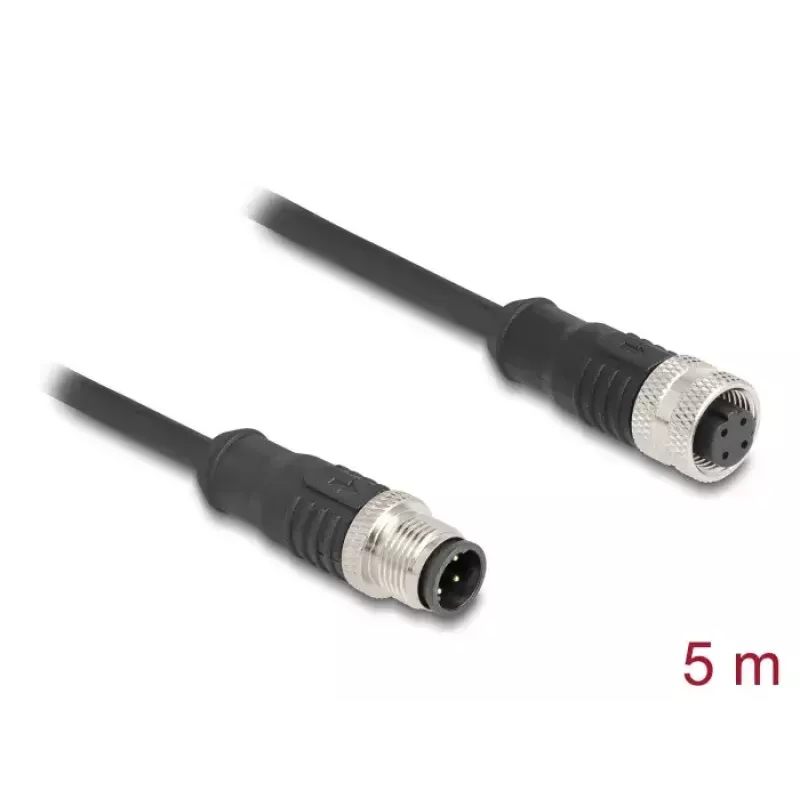 Sieťový kábel DeLOCK M12 kábel D-kódovaný 4-pin konektor samec na konektor samica Cat5e 5 m čierny