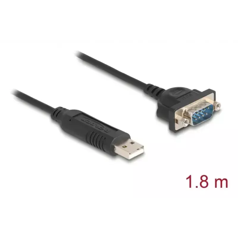 DELOCK USB RS-232 adaptér USB 2.0 na D-Sub 9 konektor samec s maticami, USB Type-A na RS-232, 1,8 m, čierny