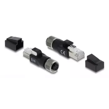 DELOCK M12 D-kódovaný adaptér 4-pin konektor samica na RJ45 konektor samec, zlaté kontakty, čierny