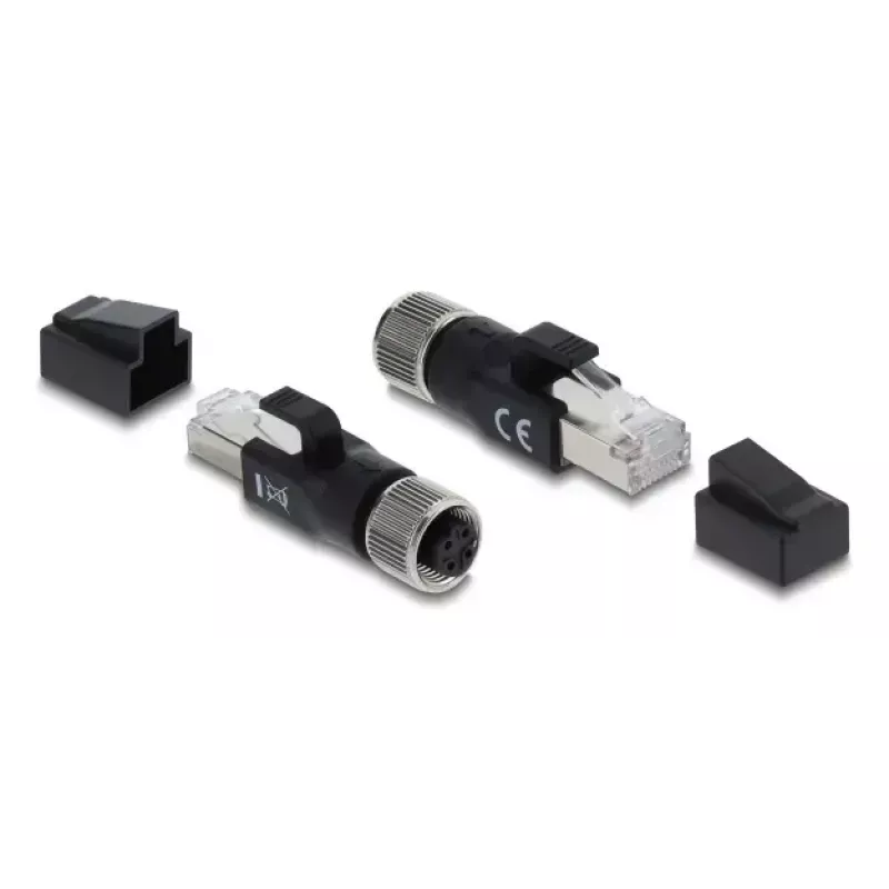 DELOCK M12 D-kódovaný adaptér 4-pin konektor samica na RJ45 konektor samec, zlaté kontakty, čierny