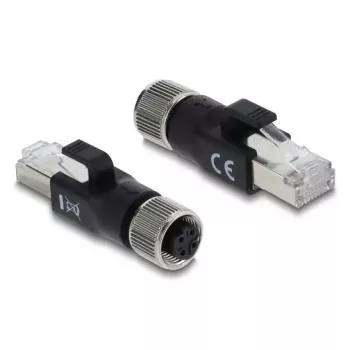 DELOCK M12 D-kódovaný adaptér 4-pin konektor samica na RJ45 konektor samec, zlaté kontakty, čierny