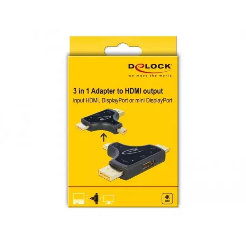 DeLOCK 64059 adaptér monitora 3v1, vstup HDMI / DisplayPort / mini DisplayPort na výstup HDMI, 4K 60 Hz, čierny
