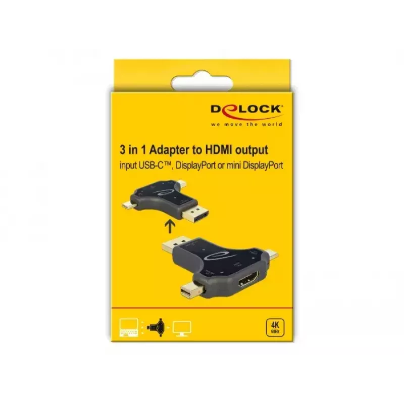 DeLOCK 64060 adaptér monitora 3v1, vstup USB-C / DisplayPort / mini DisplayPort na výstup HDMI, 4K 60 Hz, čierny