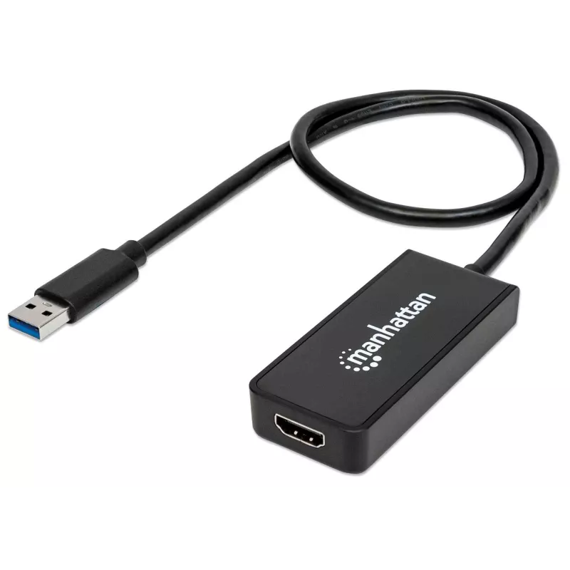 Manhattan adaptérový kábel USB-A na HDMI, 60 cm, konektor samec na konektor samica, 5 Gbit/s (USB 3.2 Gen1, známy aj ako USB 3.0), 2560x1440 @ 32-bit farba, Full-HD video 1080p@16:9, čierny, blister
