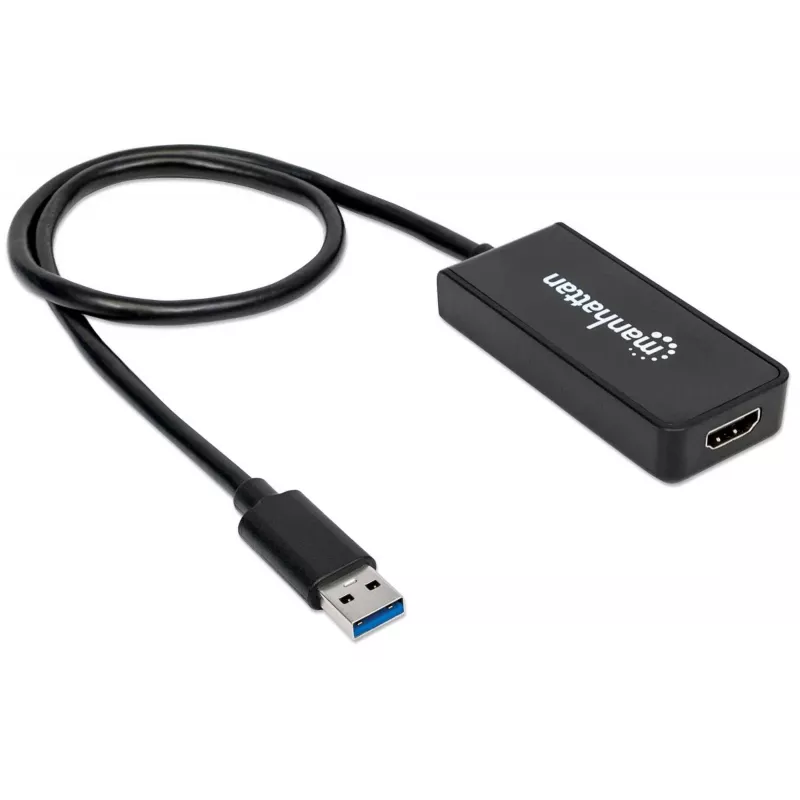 Manhattan adaptérový kábel USB-A na HDMI, 60 cm, konektor samec na konektor samica, 5 Gbit/s (USB 3.2 Gen1, známy aj ako USB 3.0), 2560x1440 @ 32-bit farba, Full-HD video 1080p@16:9, čierny, blister