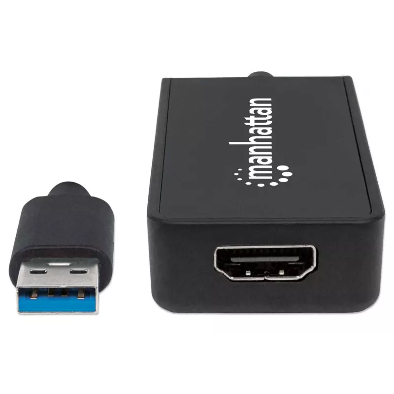 Manhattan adaptérový kábel USB-A na HDMI, 60 cm, konektor samec na konektor samica, 5 Gbit/s (USB 3.2 Gen1, známy aj ako USB 3.0), 2560x1440 @ 32-bit farba, Full-HD video 1080p@16:9, čierny, blister