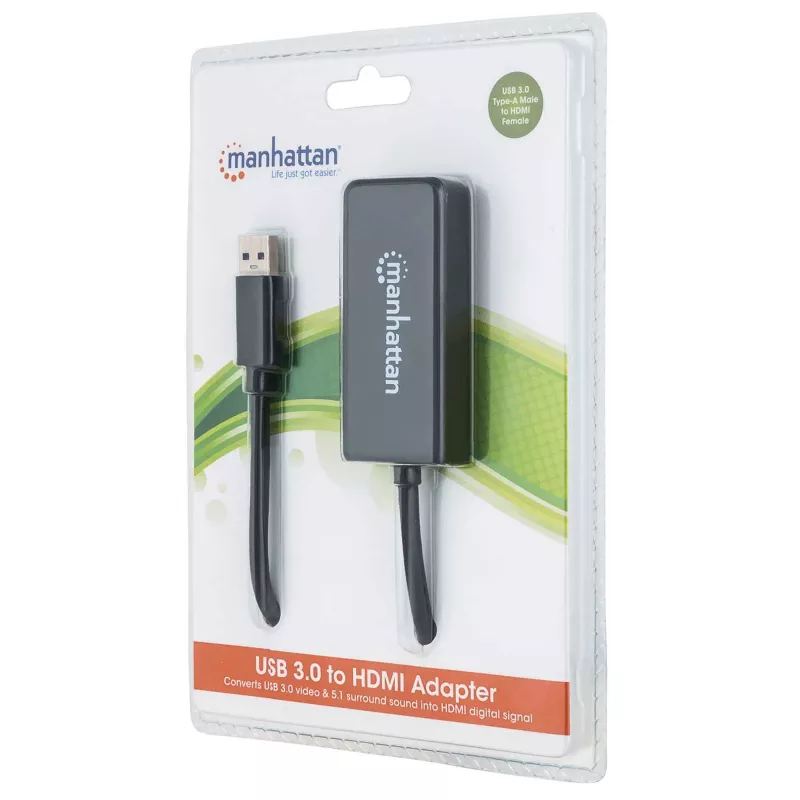 Manhattan adaptérový kábel USB-A na HDMI, 60 cm, konektor samec na konektor samica, 5 Gbit/s (USB 3.2 Gen1, známy aj ako USB 3.0), 2560x1440 @ 32-bit farba, Full-HD video 1080p@16:9, čierny, blister