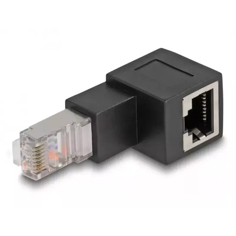 DeLOCK adaptér RJ45 konektor samec na RJ45 konektor samica Kat.6A 90° dole zahnutý