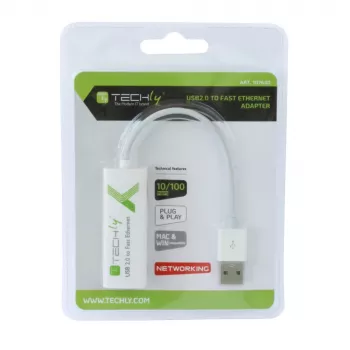 Techly konvertor USB2.0 na Fast Ethernet 10/100 Mbit/s, káblový, USB, Ethernet, 100 Mbit/s, biely