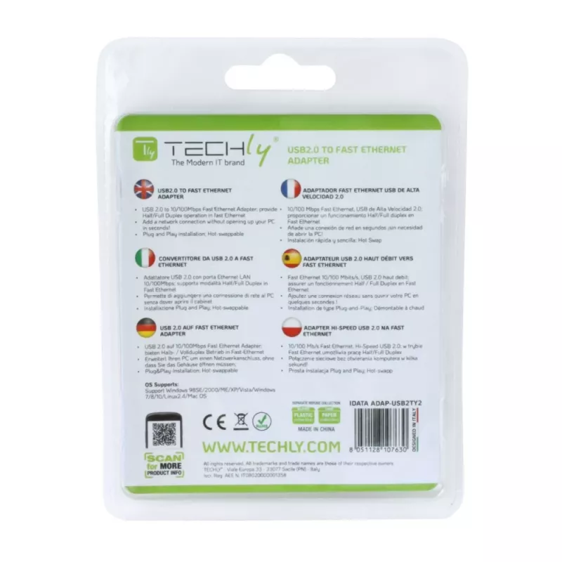 Techly konvertor USB2.0 na Fast Ethernet 10/100 Mbit/s, káblový, USB, Ethernet, 100 Mbit/s, biely