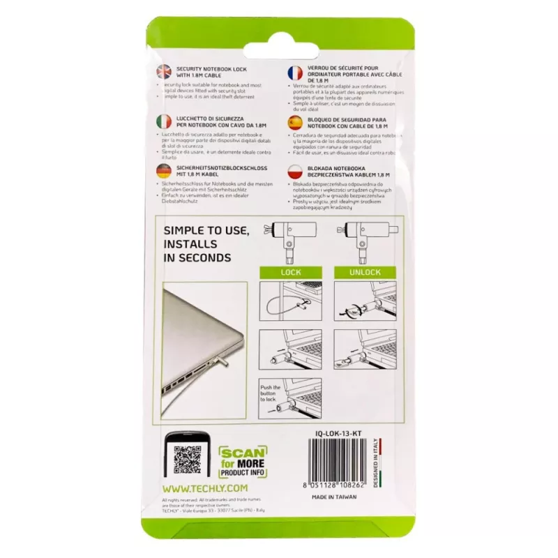 Techly Wedge-Lock bezpečnostný systém zámok na kábel k notebooku 1,8 m