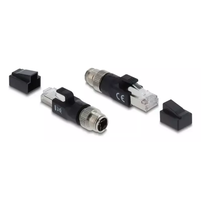 Adaptér DELOCK M12 X-kódovaný 8-pinový konektor samec na RJ45 konektor samec, pozlátené kontakty, čierny