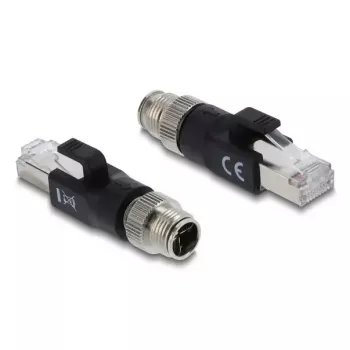 Adaptér DELOCK M12 X-kódovaný 8-pinový konektor samec na RJ45 konektor samec, pozlátené kontakty, čierny