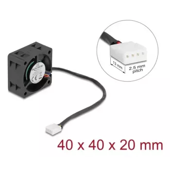 Ventilátor do počítačovej skrine DELOCK 67299 — 40 x 40 x 20 mm, 24 V DC, guľôčkové ložisko, 0,19 m³/h, čierny