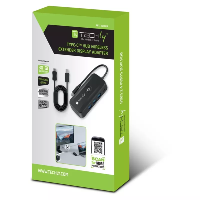 Techly IDATA USBC-HUB5WL AV extender AV vysielač a prijímač čierny