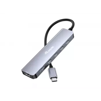 EQUIP USB‑C 6‑v‑1 multifunkčný adaptér — HDMI 4K/60Hz, 4× USB‑C Gen2 (10Gbps), 100W PD, 0,25 m kábel, sivý