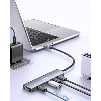 EQUIP USB‑C 6‑v‑1 multifunkčný adaptér — HDMI 4K/60Hz, 4× USB‑C Gen2 (10Gbps), 100W PD, 0,25 m kábel, sivý