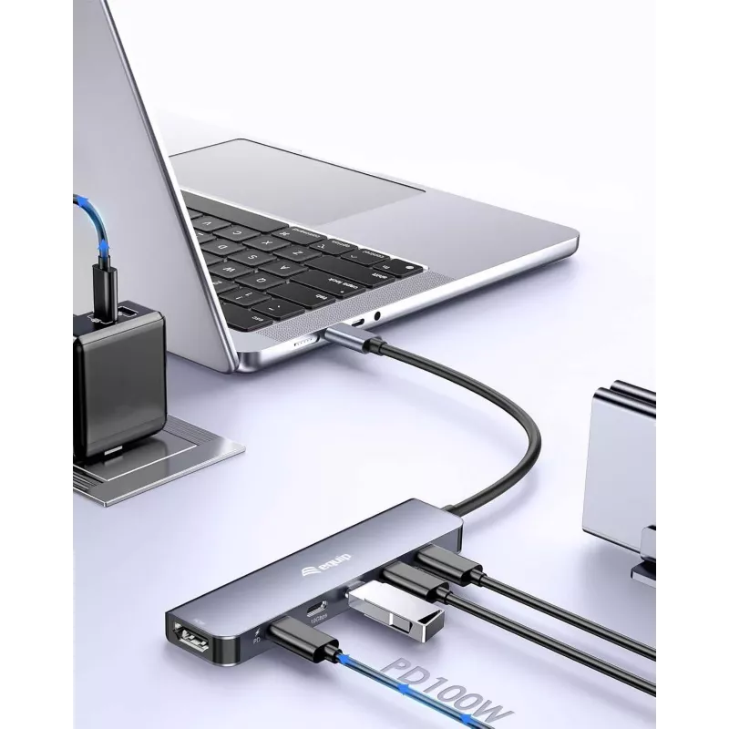 EQUIP USB‑C 6‑v‑1 multifunkčný adaptér — HDMI 4K/60Hz, 4× USB‑C Gen2 (10Gbps), 100W PD, 0,25 m kábel, sivý