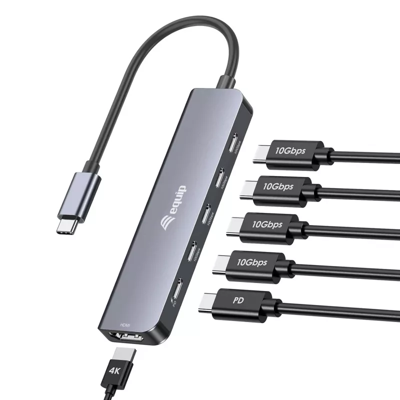 EQUIP USB‑C 6‑v‑1 multifunkčný adaptér — HDMI 4K/60Hz, 4× USB‑C Gen2 (10Gbps), 100W PD, 0,25 m kábel, sivý
