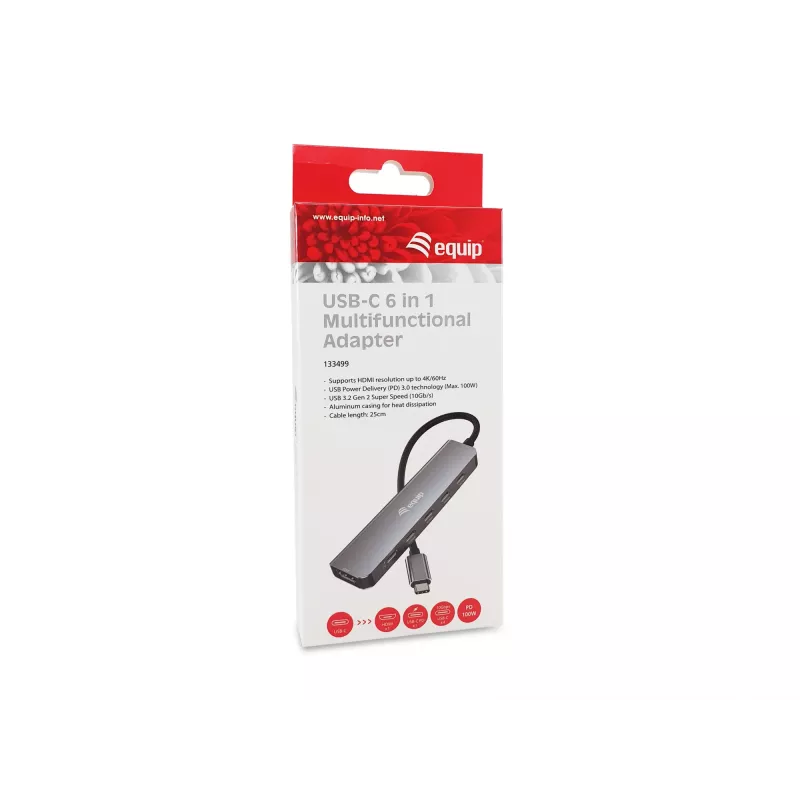 EQUIP USB‑C 6‑v‑1 multifunkčný adaptér — HDMI 4K/60Hz, 4× USB‑C Gen2 (10Gbps), 100W PD, 0,25 m kábel, sivý
