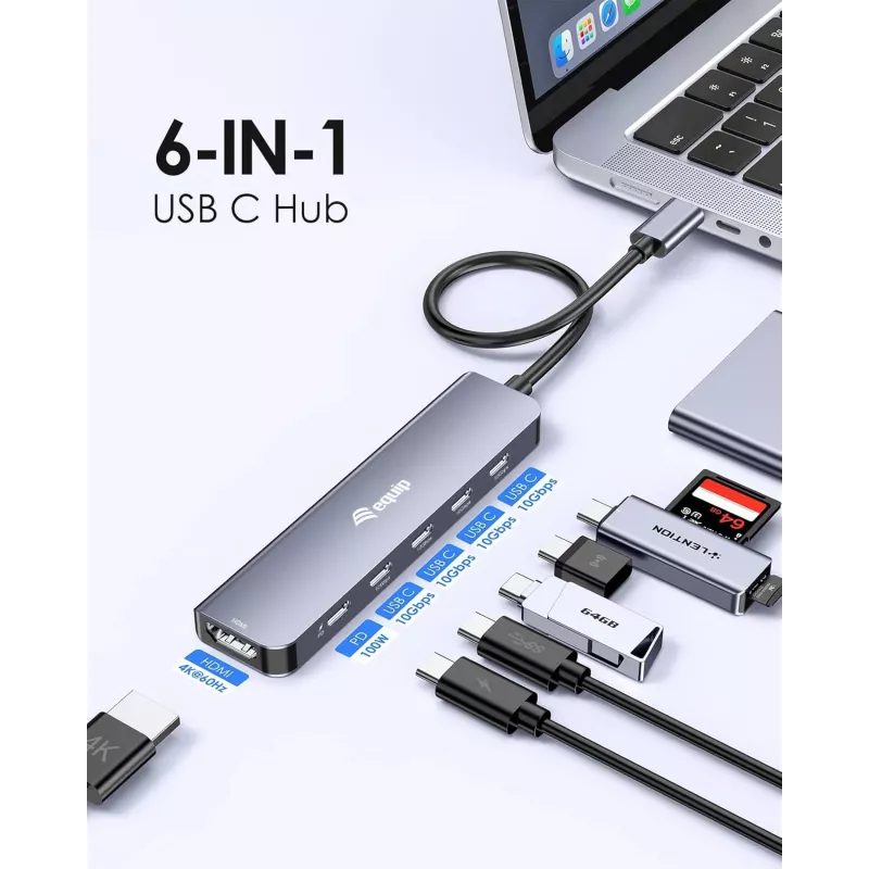 EQUIP USB‑C 6‑v‑1 multifunkčný adaptér — HDMI 4K/60Hz, 4× USB‑C Gen2 (10Gbps), 100W PD, 0,25 m kábel, sivý
