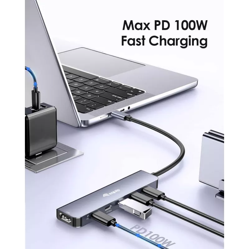 EQUIP USB‑C 6‑v‑1 multifunkčný adaptér — HDMI 4K/60Hz, 4× USB‑C Gen2 (10Gbps), 100W PD, 0,25 m kábel, sivý