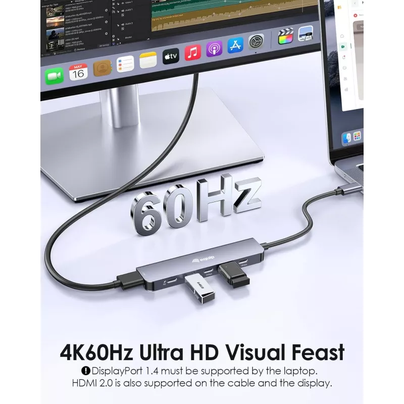 EQUIP USB‑C 6‑v‑1 multifunkčný adaptér — HDMI 4K/60Hz, 4× USB‑C Gen2 (10Gbps), 100W PD, 0,25 m kábel, sivý