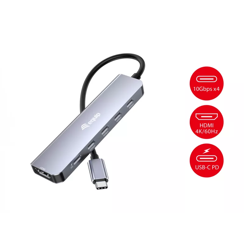 EQUIP USB‑C 6‑v‑1 multifunkčný adaptér — HDMI 4K/60Hz, 4× USB‑C Gen2 (10Gbps), 100W PD, 0,25 m kábel, sivý