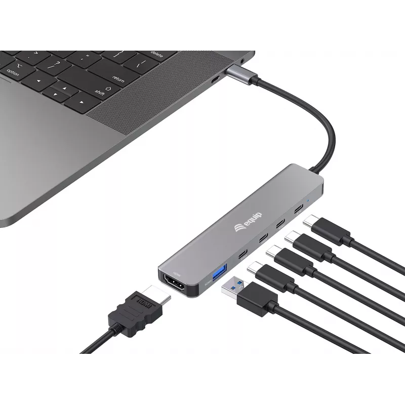 Equip USB-C 6-in-1 multifunkčný adaptér, HDMI 4K/30Hz, USB-C x4, USB-A x1, 5Gbps, 100W USB PD