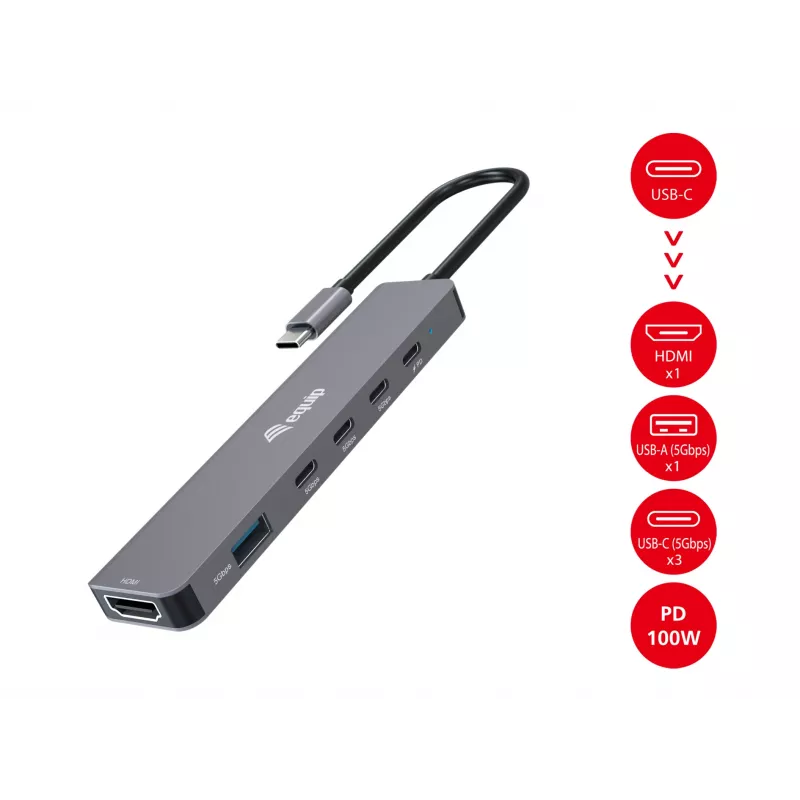 Equip USB-C 6-in-1 multifunkčný adaptér, HDMI 4K/30Hz, USB-C x4, USB-A x1, 5Gbps, 100W USB PD