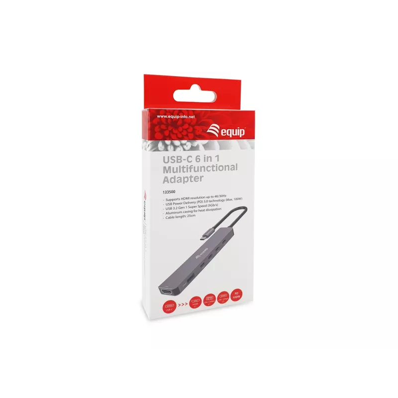 Equip USB-C 6-in-1 multifunkčný adaptér, HDMI 4K/30Hz, USB-C x4, USB-A x1, 5Gbps, 100W USB PD