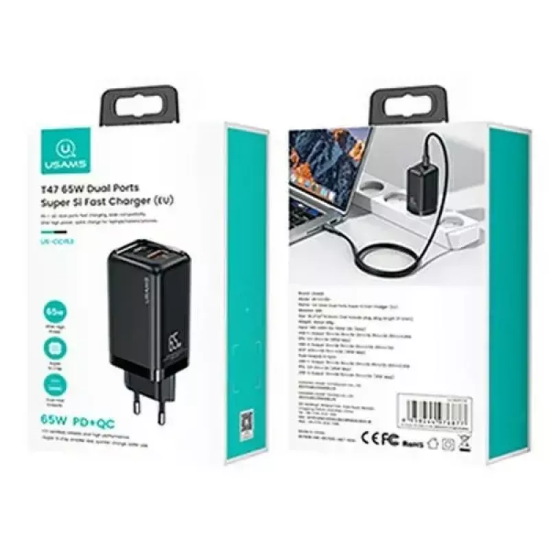 Nabíjačka usams T47 USB / USB‑C 65W PD rýchlonabíjačka — 65W USB Power Delivery, USB-A + USB-C konektory