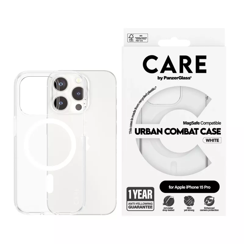 PanzerGlass CARE™ by ® Urban Combat puzdro transparentné s bielym MagSafe iPhone 15 Pro
