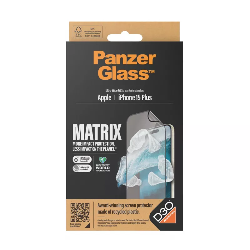 PanzerGlass ® ECO MATRIX ochranná fólia displeja s D3O® iPhone 15 Plus | Ultra-Wide Fit s AlignerKit