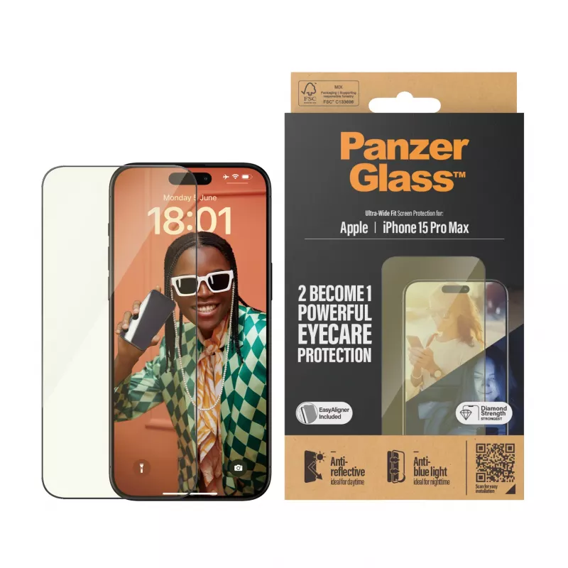 PanzerGlass ® EyeCARE™ ochrana displeja iPhone 15 Pro Max | Ultra-Wide Fit s EasyAligner