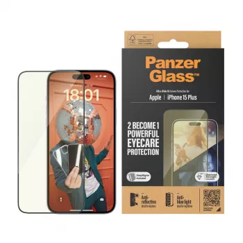 PanzerGlass Eyecare ochranné sklo displeja pre iPhone 15 Plus — Ultra-Wide Fit, nárazuvzdorné, suchá montáž