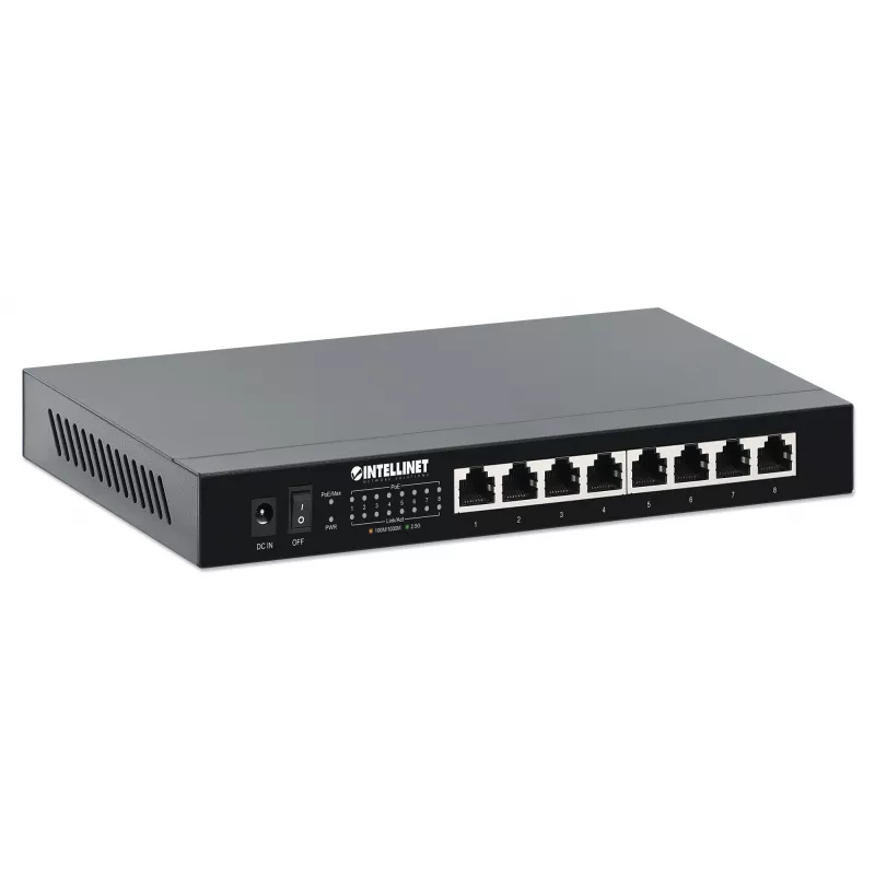 Intellinet 8-port 2.5G Ethernet PoE+ switch osem 10/100/1000/2500 Mbps PSE PoE+ portov, 100 W PoE power budget, unmanaged, desktop formát, možnosť montáže na stenu