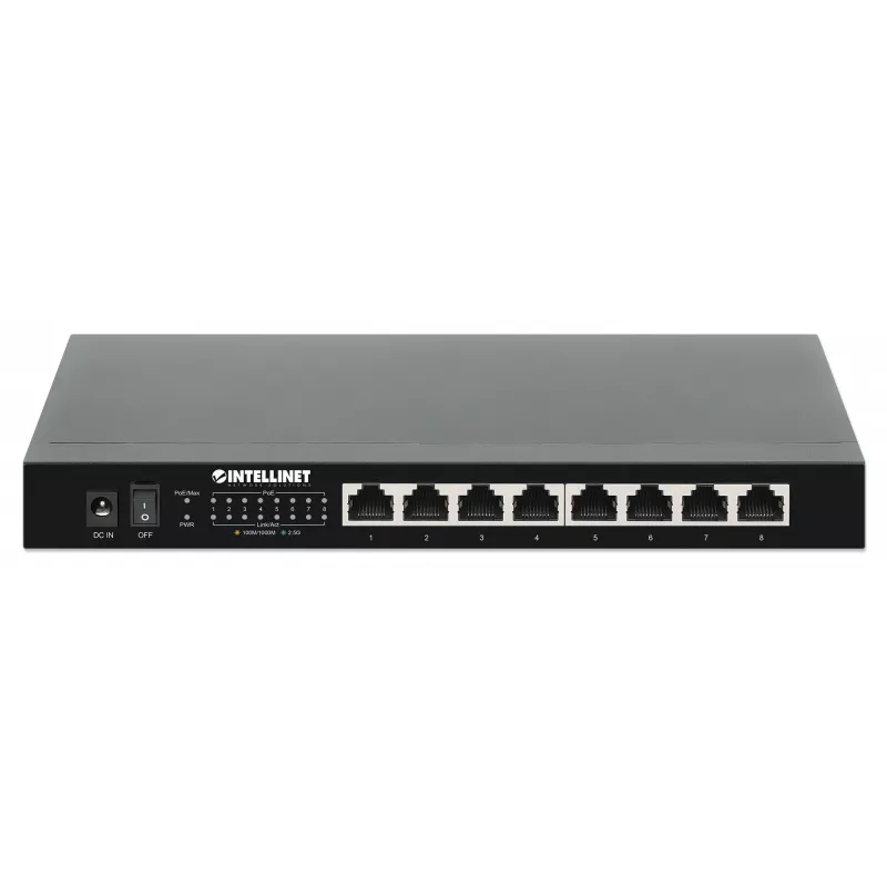 Intellinet 8-port 2.5G Ethernet PoE+ switch osem 10/100/1000/2500 Mbps PSE PoE+ portov, 100 W PoE power budget, unmanaged, desktop formát, možnosť montáže na stenu