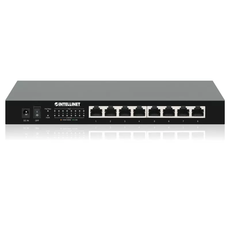 Intellinet 8-port 2.5G Ethernet PoE+ switch osem 10/100/1000/2500 Mbps PSE PoE+ portov, 100 W PoE power budget, unmanaged, desktop formát, možnosť montáže na stenu