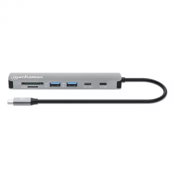 Manhattan USB-C dock/hub s čítačkou kariet, konektory (x5): HDMI, USB-A (x2) a USB-C (x2), s Power Delivery (PD) 100W – vyžaduje externú USB-C nabíjačku (nie je súčasťou). USB napájaný (nie je potrebný externý napájací zdroj), ak sa PD nepoužíva