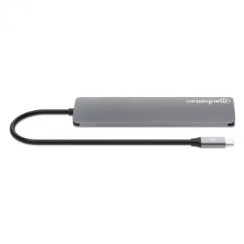 Manhattan USB-C dock/hub s čítačkou kariet, konektory (x5): HDMI, USB-A (x2) a USB-C (x2), s Power Delivery (PD) 100W – vyžaduje externú USB-C nabíjačku (nie je súčasťou). USB napájaný (nie je potrebný externý napájací zdroj), ak sa PD nepoužíva