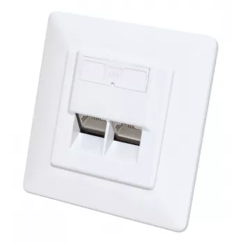 Intellinet 2-portová Cat6a 10G tienená RJ45 zásuvka do steny s krycím rámom, STP, signálna biela RAL9003